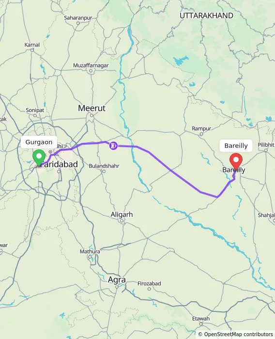 Route map showing distance and travel time from Gurgaon, India to Bareilly, India