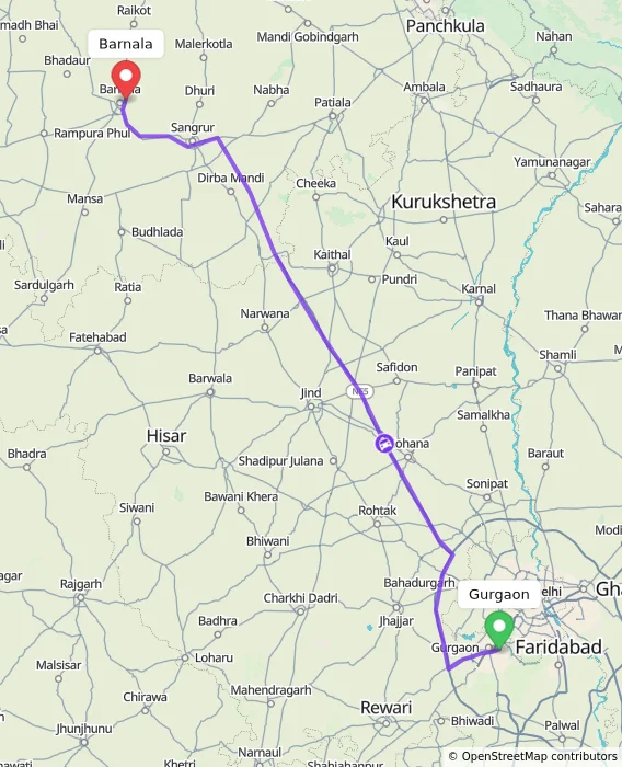 Route map showing distance and travel time from Gurgaon, India to Barnala, India