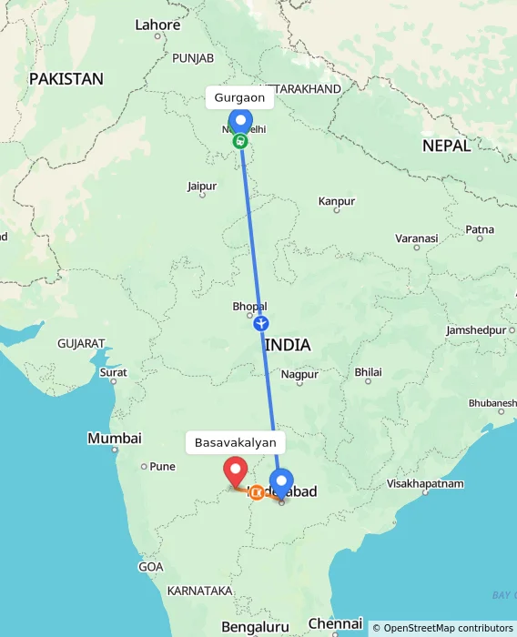 Route map showing distance and travel time from Gurgaon, India to Basavakalyan, India