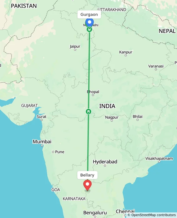 Route map showing distance and travel time from Gurgaon, India to Bellary, India