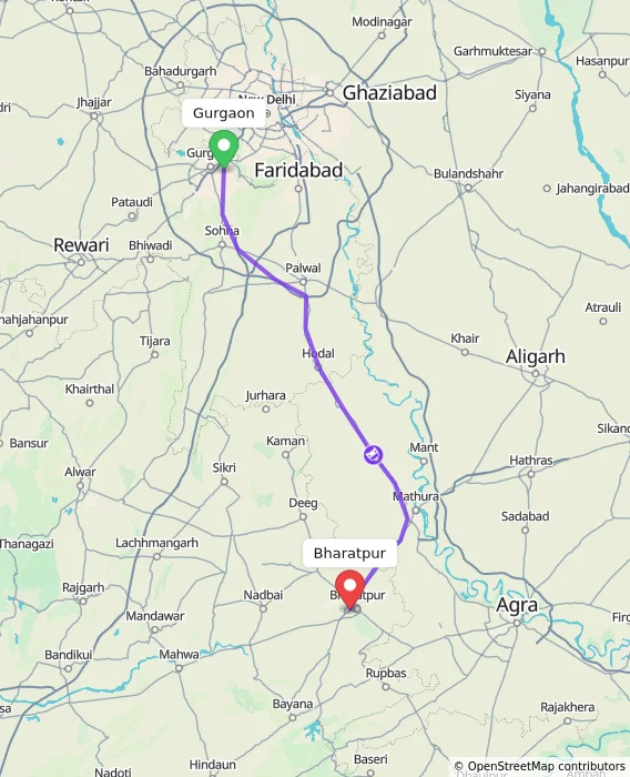 Route map showing distance and travel time from Gurgaon, India to Bharatpur, India