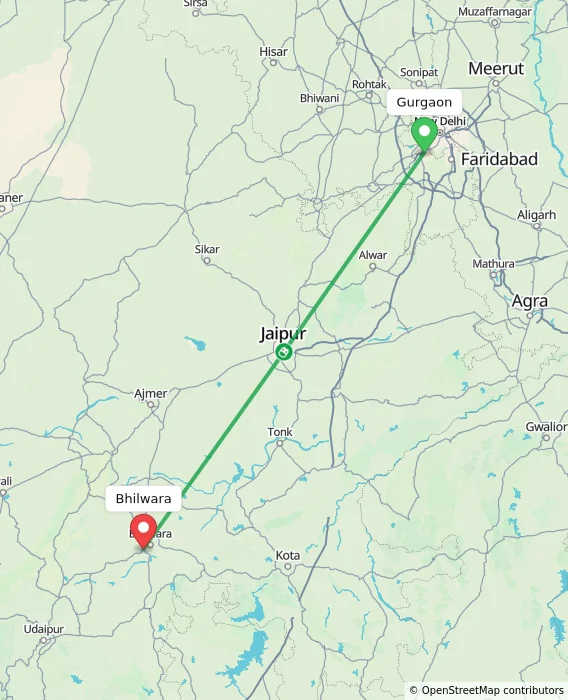 Route map showing distance and travel time from Gurgaon, India to Bhilwara, India