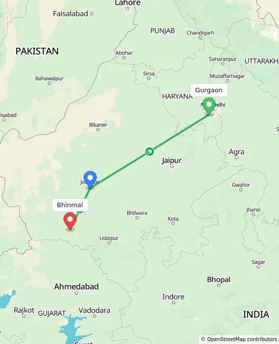 Route map showing distance and travel time from Gurgaon, India to Bhinmal, India