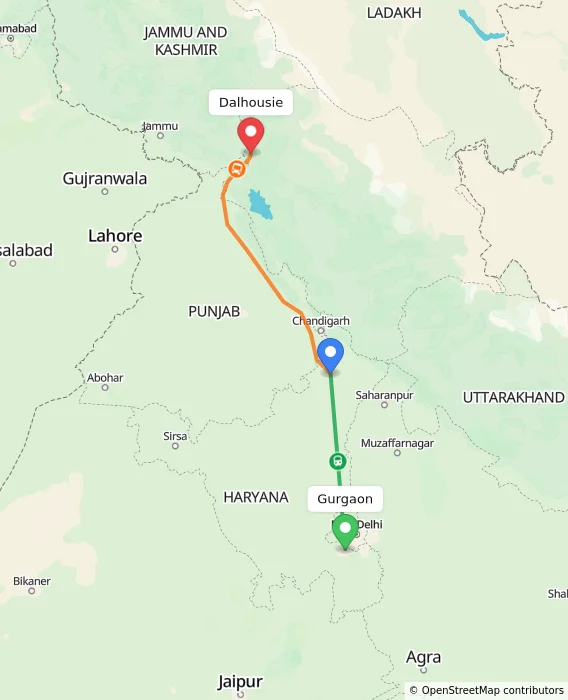 Route map showing distance and travel time from Gurgaon, India to Dalhousie, India