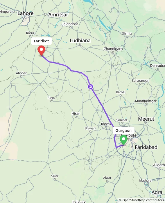 Route map showing distance and travel time from Gurgaon, India to Faridkot, India