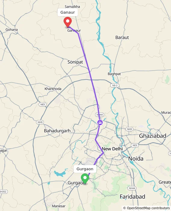Route map showing distance and travel time from Gurgaon, India to Ganaur, India