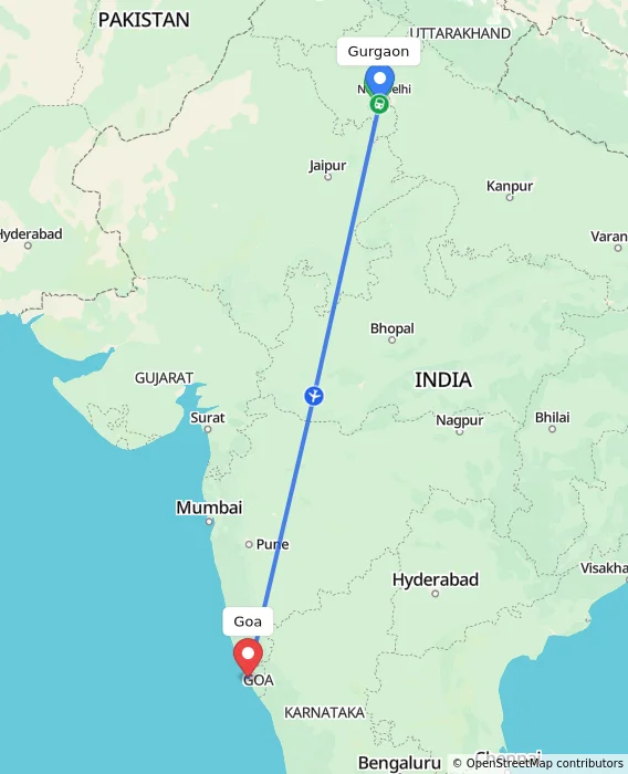 Route map showing distance and travel time from Gurgaon, India to Goa, India