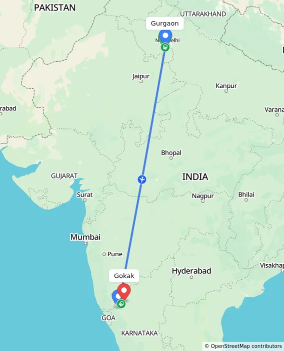 Route map showing distance and travel time from Gurgaon, India to Gokak, India