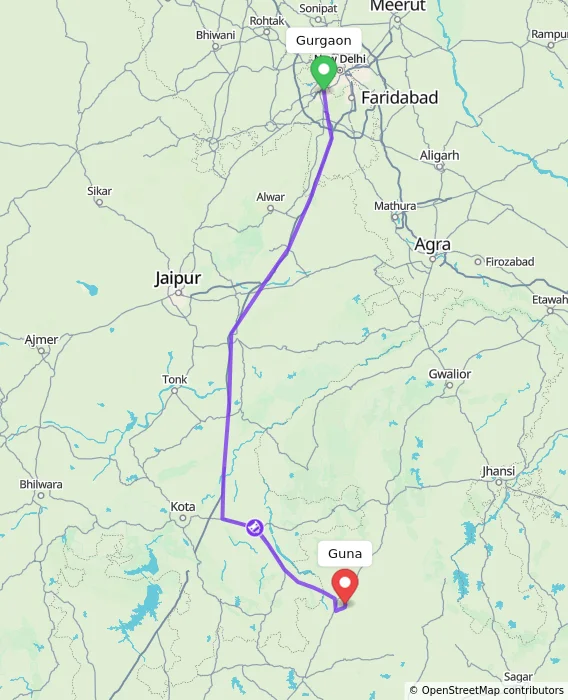 Route map showing distance and travel time from Gurgaon, India to Guna, India