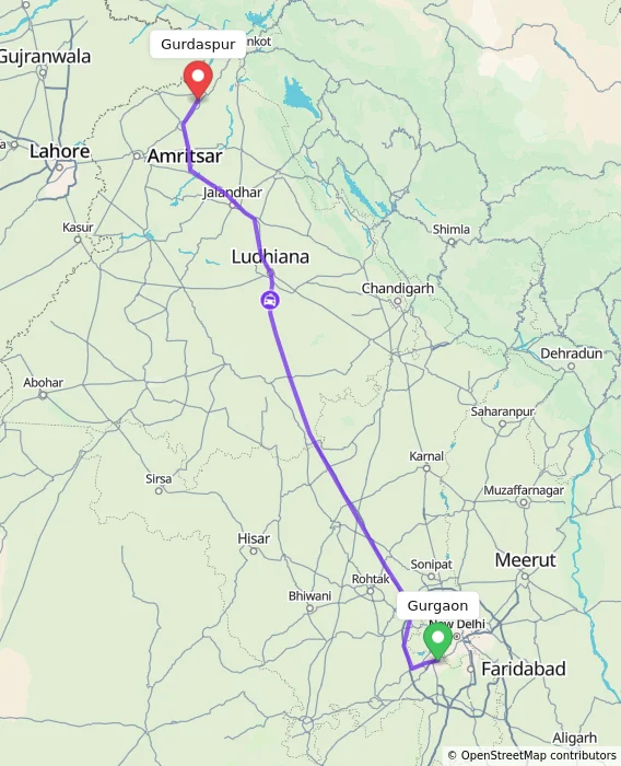 Route map showing distance and travel time from Gurgaon, India to Gurdaspur, India