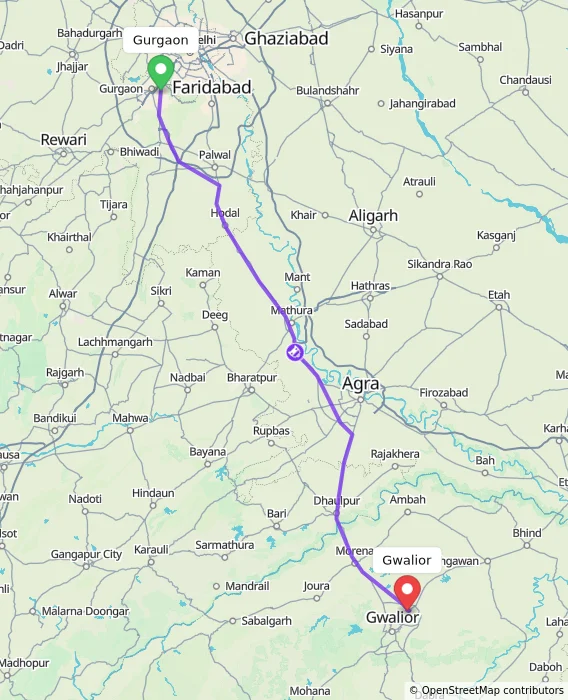 Route map showing distance and travel time from Gurgaon, India to Gwalior, India