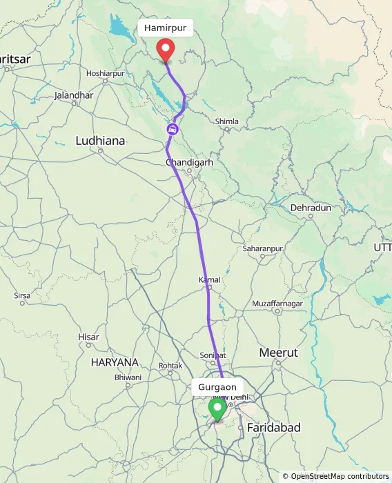 Route map showing distance and travel time from Gurgaon, India to Hamirpur, India