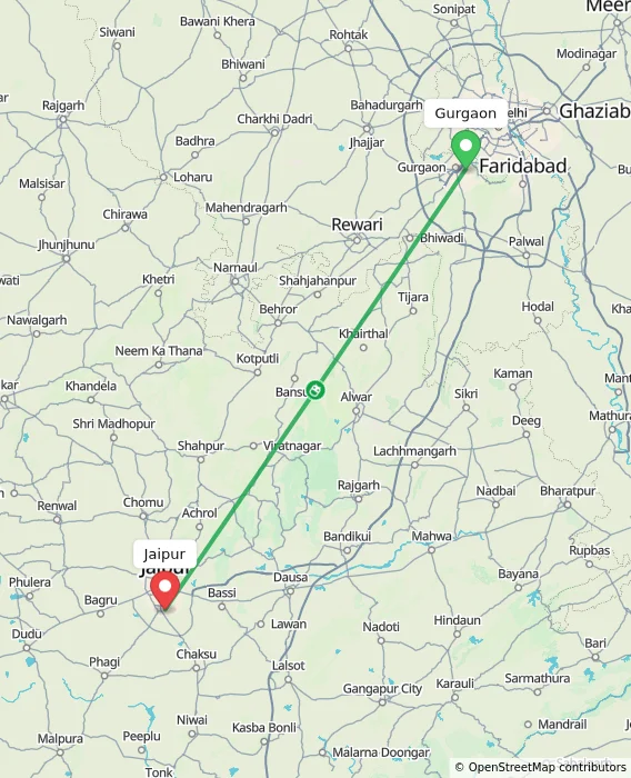 Route map showing distance and travel time from Gurgaon, India to Jaipur, India