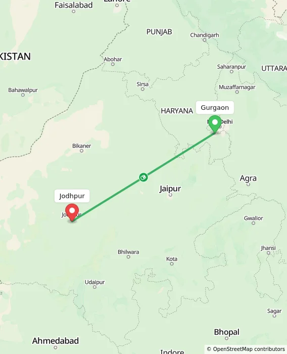 Route map showing distance and travel time from Gurgaon, India to Jodhpur, India