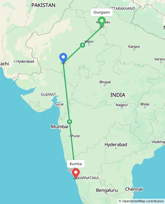 Route map showing distance and travel time from Gurgaon, India to Kumta, India