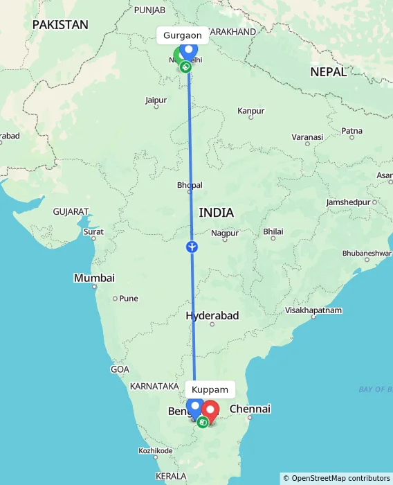 Route map showing distance and travel time from Gurgaon, India to Kuppam, India