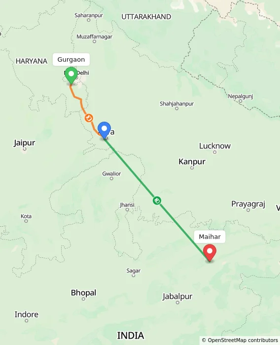 Route map showing distance and travel time from Gurgaon, India to Maihar, India