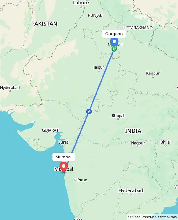 Route map showing distance and travel time from Gurgaon, India to Mumbai, India