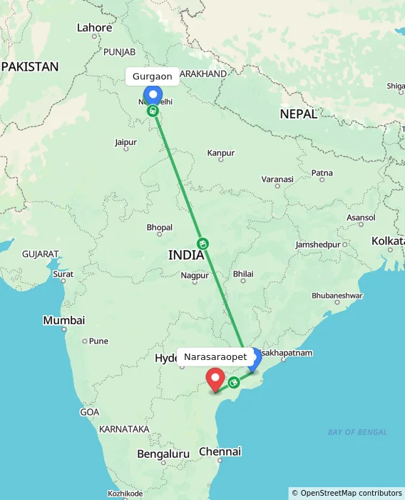Route map showing distance and travel time from Gurgaon, India to Narasaraopet, India