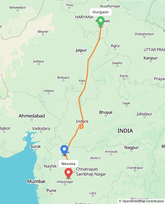 Route map showing distance and travel time from Gurgaon, India to Nevasa, India