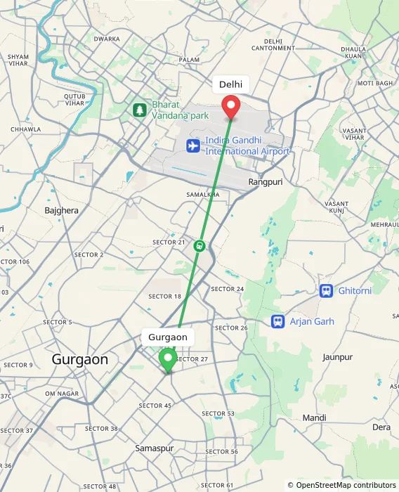 Route map showing distance and travel time from Gurgaon, India to Delhi, India