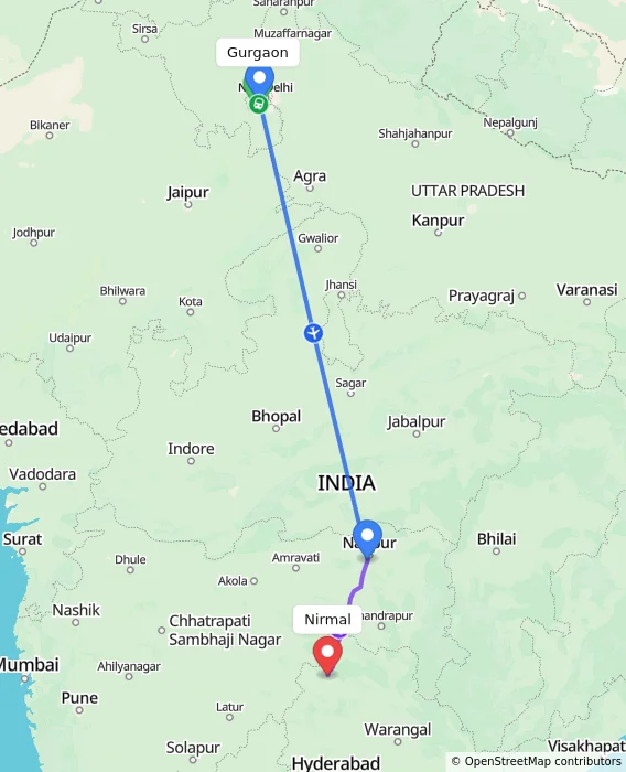 Route map showing distance and travel time from Gurgaon, India to Nirmal, India