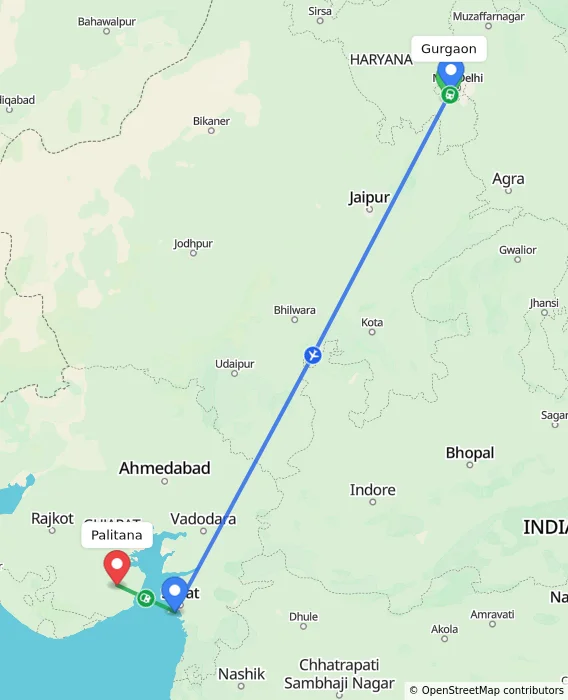 Route map showing distance and travel time from Gurgaon, India to Palitana, India