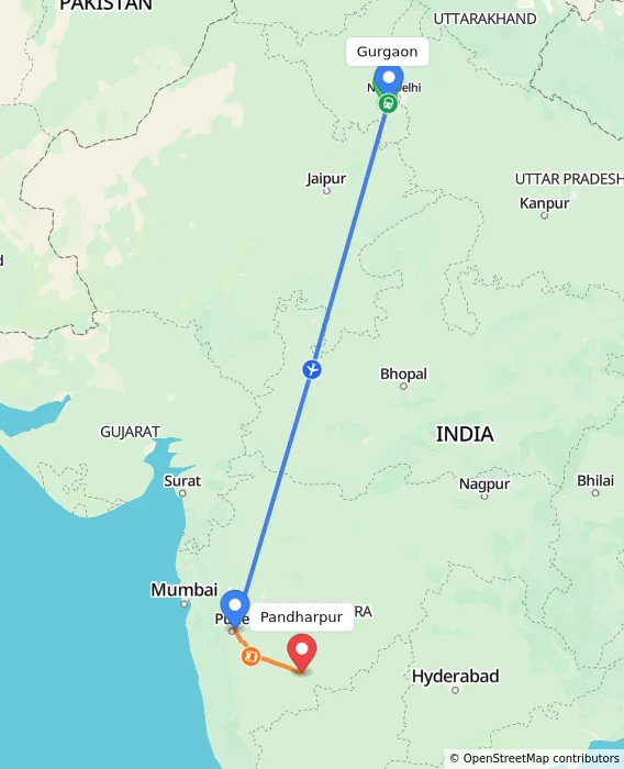 Route map showing distance and travel time from Gurgaon, India to Pandharpur, India