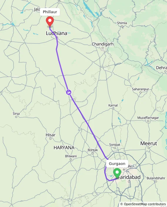 Route map showing distance and travel time from Gurgaon, India to Phillaur, India
