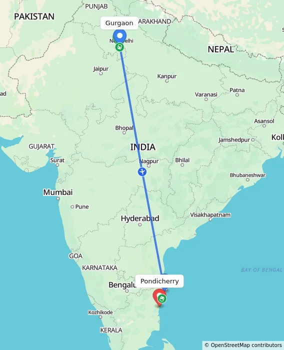 Route map showing distance and travel time from Gurgaon, India to Pondicherry, India