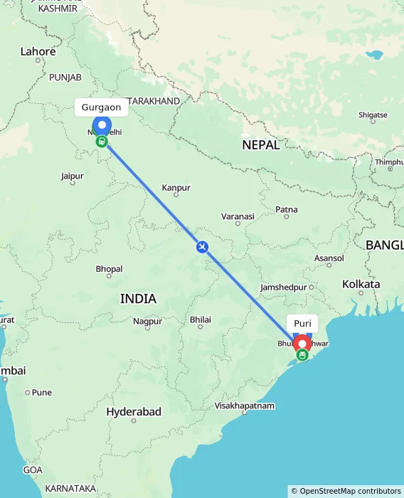 Route map showing distance and travel time from Gurgaon, India to Puri, India
