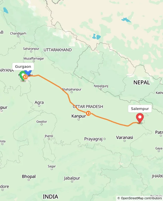 Route map showing distance and travel time from Gurgaon, India to Salempur, India