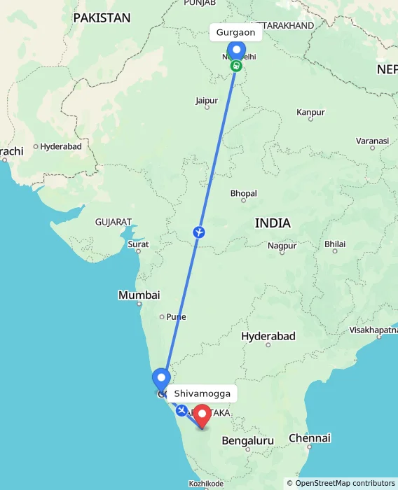 Route map showing distance and travel time from Gurgaon, India to Shivamogga, India
