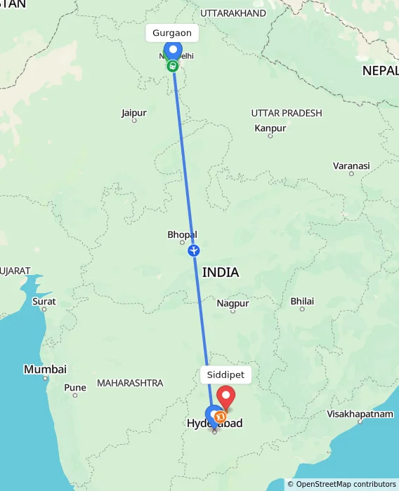 Route map showing distance and travel time from Gurgaon, India to Siddipet, India