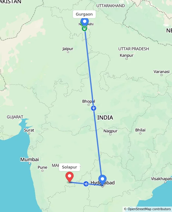 Route map showing distance and travel time from Gurgaon, India to Solapur, India