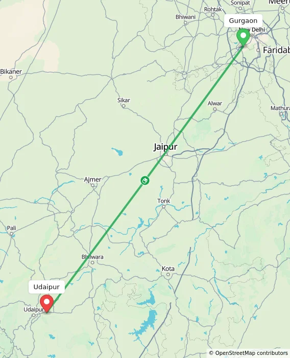 Route map showing distance and travel time from Gurgaon, India to Udaipur, India