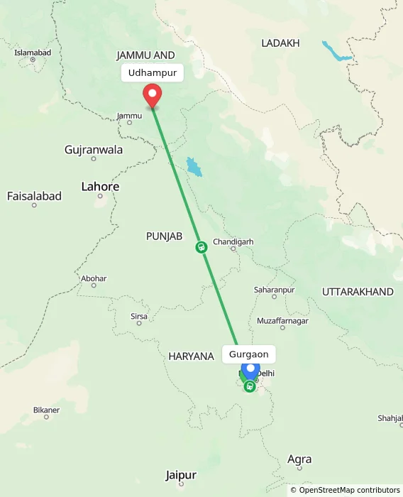 Route map showing distance and travel time from Gurgaon, India to Udhampur, India