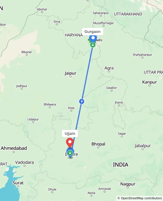 Route map showing distance and travel time from Gurgaon, India to Ujjain, India