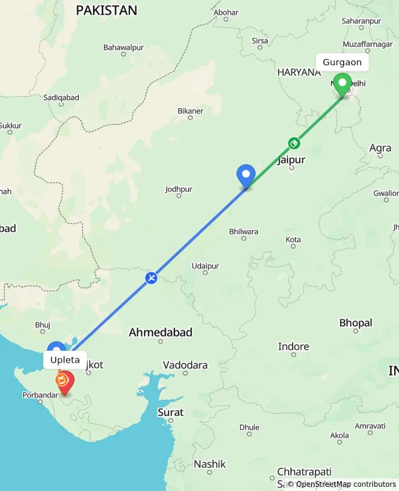 Route map showing distance and travel time from Gurgaon, India to Upleta, India