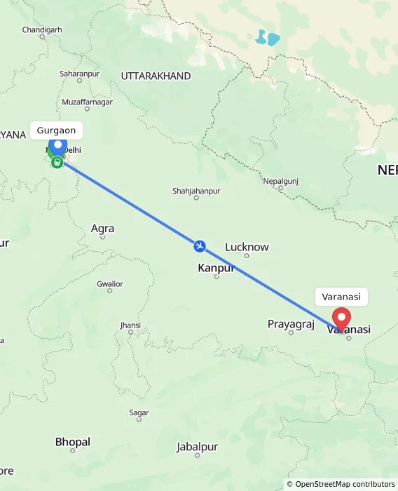 Route map showing distance and travel time from Gurgaon, India to Varanasi, India