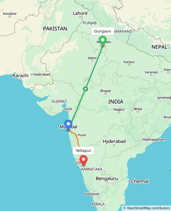 Route map showing distance and travel time from Gurgaon, India to Yellapur, India