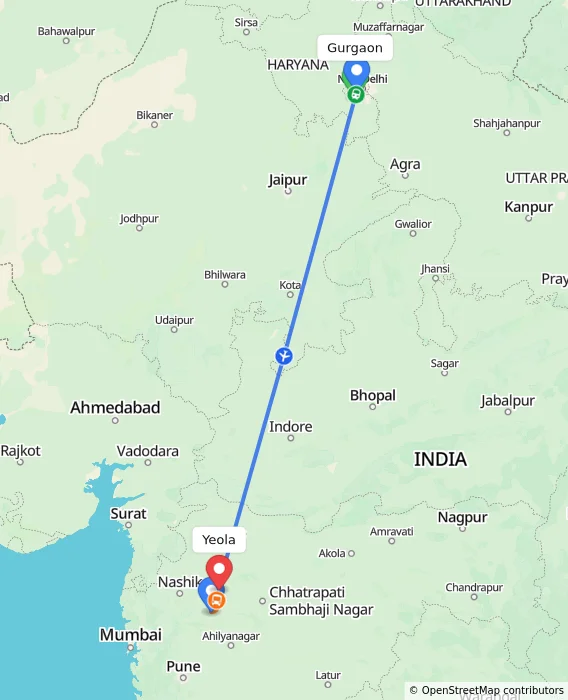 Route map showing distance and travel time from Gurgaon, India to Yeola, India