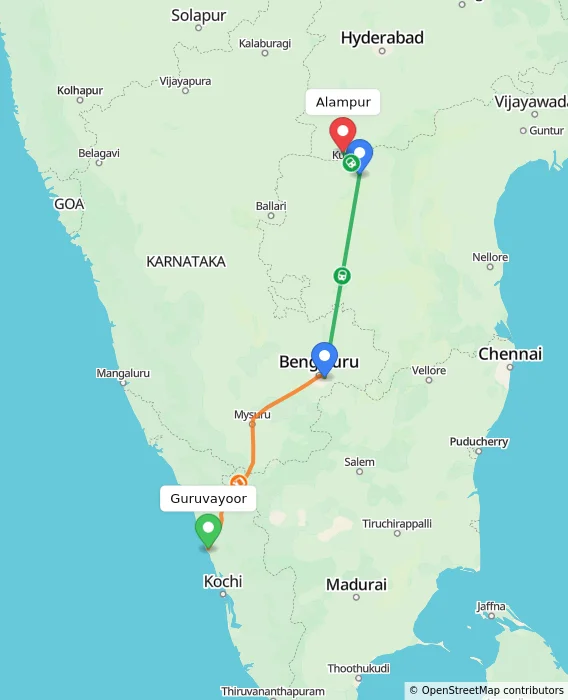 Route map showing distance and travel time from Guruvayoor, India to Alampur, India