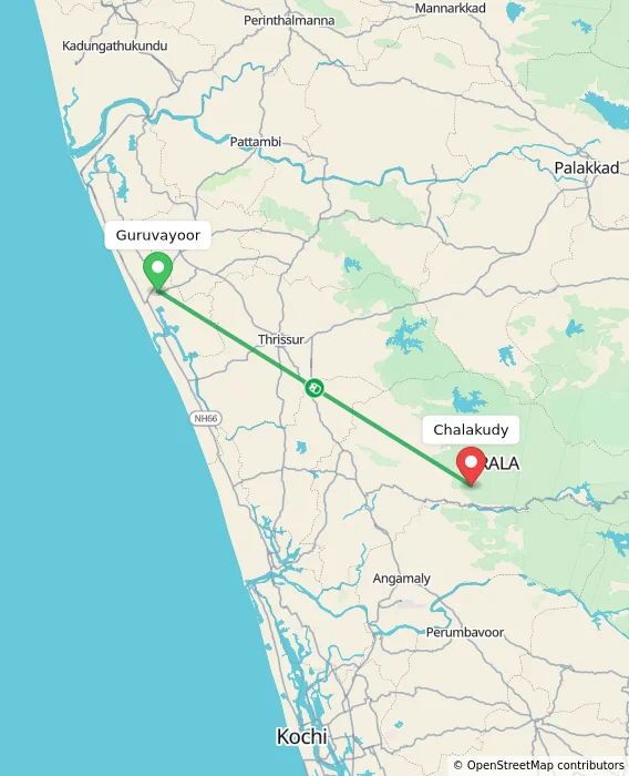 Route map showing distance and travel time from Guruvayoor, India to Chalakudy, India