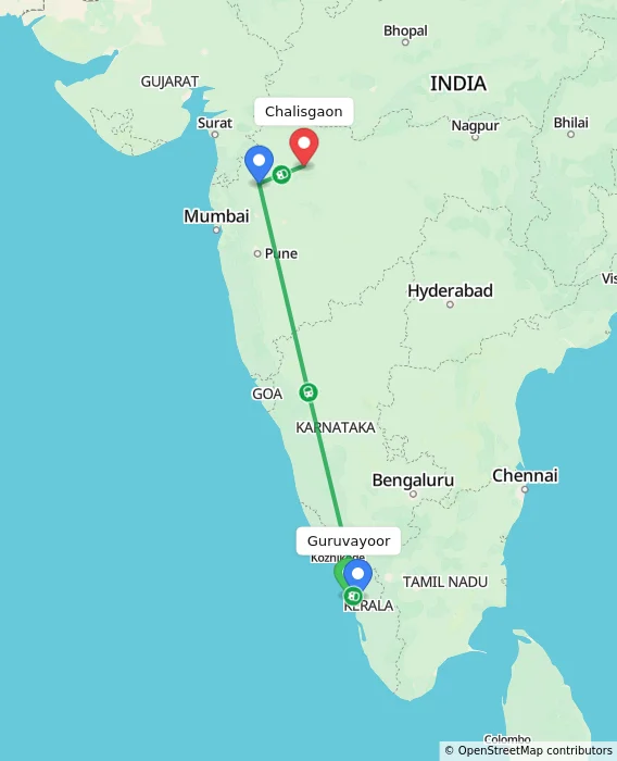 Route map showing distance and travel time from Guruvayoor, India to Chalisgaon, India