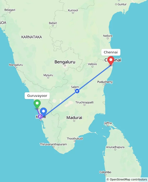 Route map showing distance and travel time from Guruvayoor, India to Chennai, India