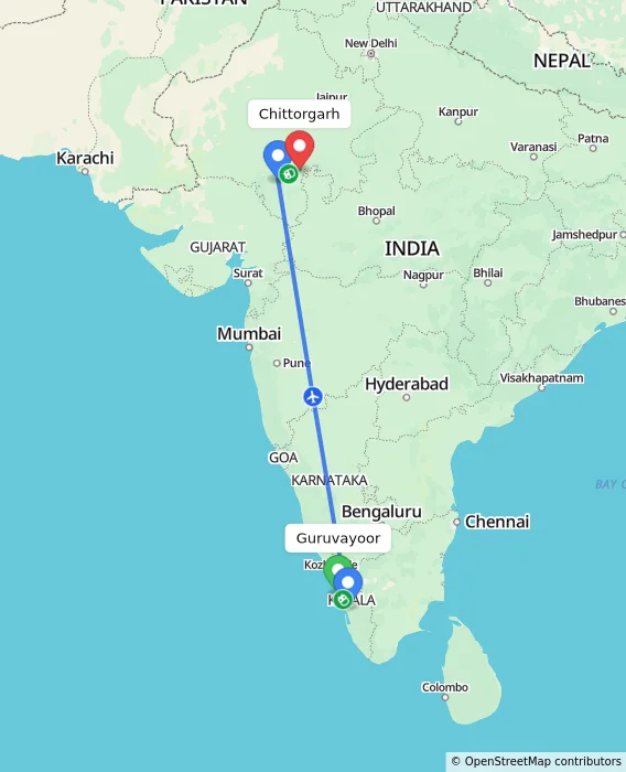Route map showing distance and travel time from Guruvayoor, India to Chittorgarh, India
