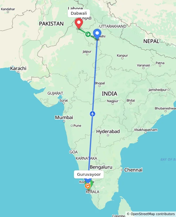 Route map showing distance and travel time from Guruvayoor, India to Dabwali, India