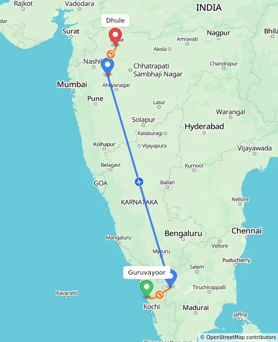Route map showing distance and travel time from Guruvayoor, India to Dhule, India