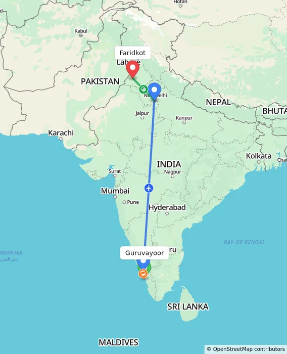 Route map showing distance and travel time from Guruvayoor, India to Faridkot, India